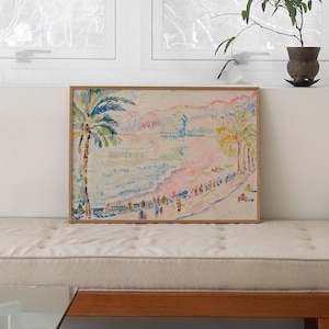 Pintura de praia em tons pastel | Arte de parede com tema de praia | Arte de Palm Springs | Decoração para casa de praia | Arte de parede de verão | Impressão digital horizontal | kikiandnim