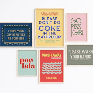 Arte divertido para la pared del baño / Decoración colorida para la pared del baño / Letreros lindos para el baño / KIKIANDNIM / Arte de pared imprimible