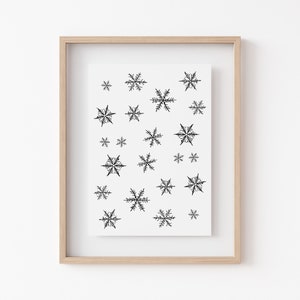 K&ouml;nnte beinhalten: Ein gerahmter Druck mit wei&szlig;em Hintergrund und einem verstreuten Muster aus schwarzen Schneeflocken-Illustrationen in verschiedenen Gr&ouml;&szlig;en und komplexen geometrischen Designs, eingefasst in einen schlichten hellen Holzrahmen.