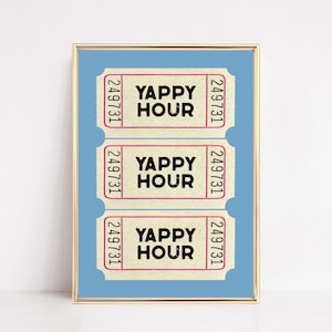 yappy hour-ticket afdrukken | lichtblauwe muurkunst | keukeninrichting | cocktailkunst | print karrenwagen | keukenmuurkunst | digitale print van kikiandnim