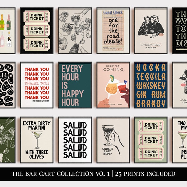 bar cart prints mega bundle | 25 PRINTABLES | bar cart wall decor | cocktail posters | bar cart accessories | kikiandnim | digital prints