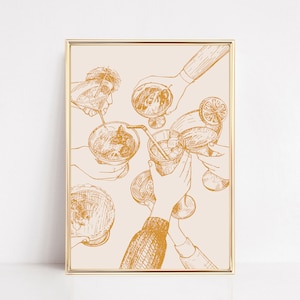 leuke cocktailprint | proost afdrukken | retro barwagendecor | oranje esthetische kunst aan de muur | barwagen kunst aan de muur print | kikiandnim | digitale afdruk