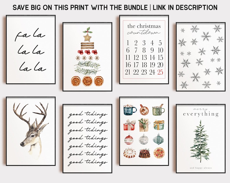 K&ouml;nnte beinhalten: Eine Sammlung von acht gerahmten Wandbildern mit Weihnachtsmotiven. Die Designs enthalten Texte wie fa la la, the christmas countdown, good tidings und merry everything sowie Illustrationen von einem Baum, Schneeflocken, einem Hirsch und Festtagsartikeln.