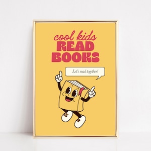 coole Kinder lesen Bücher Poster | gelbes Klassenzimmer Wandbild | Retro Leseecke Druck | süßes Klassenzimmer Wandkunst | kikiandnim | Digitaldruck