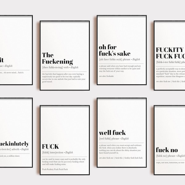 fuck definition prints | 8 PRINTABLES | funny home office decor | minimalist dorm decor | man cave decor | funny wall art | digital download