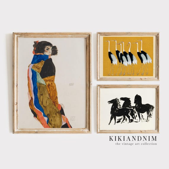 eclectic wall art | set of 3 prints | egon schiele print | vintage horse print | ogata korin | vintage art print | digital download