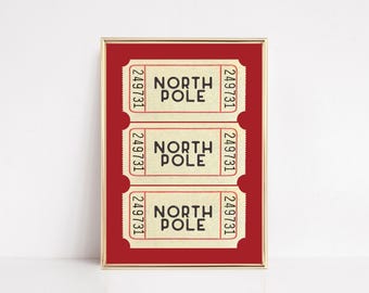 north pole ticket print | red christmas decor | trendy christmas print | christmas wall art | holiday decor | kikiandnim | digital print
