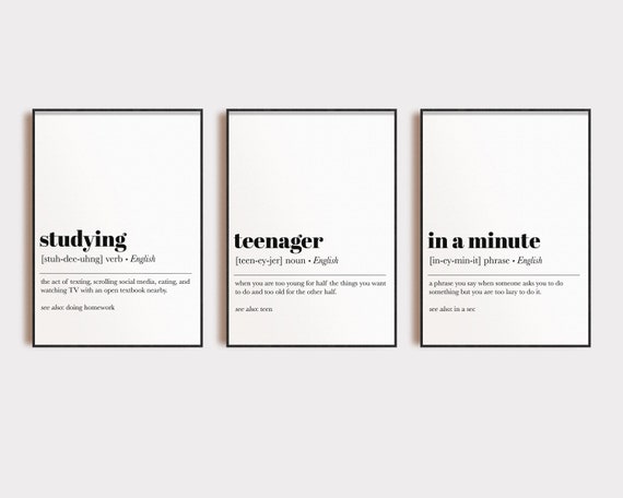 Teen Wall Art Set of 3 Prints Teenager Room Decor Funny Teen Gift Teenager  Definition Print Minimalist Decor Digital Download 