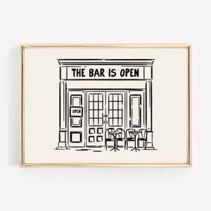 bar cart print | vintage bar cart decor | the bar is open | horizontal wall art | bar cart art | kikiandnim | digital wall art print