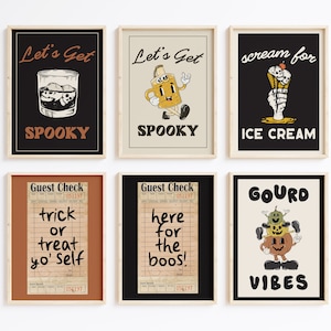 K&ouml;nnte beinhalten: Sechs druckbare Halloween-Poster mit verschiedenen Designs. Die Poster zeigen Illustrationen eines Glases Eis, einer Comicfigur, die eine Flasche h&auml;lt, eines Skeletts, das ein Eis am Stiel h&auml;lt, eines G&auml;stechecks im Vintage-Stil mit dem Text "trick or treat yo' self", eines G&auml;stechecks im Vintage-Stil mit dem Text "here for the boos!" und eines Comic-K&uuml;rbisses mit dem Text "GOURD VIBES".