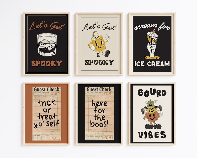 K&ouml;nnte beinhalten: Sechs druckbare Halloween-Poster mit verschiedenen Designs. Die Poster zeigen Illustrationen eines Glases Eis, einer Comicfigur, die eine Flasche h&auml;lt, eines Skeletts, das ein Eis am Stiel h&auml;lt, eines G&auml;stechecks im Vintage-Stil mit dem Text "trick or treat yo' self", eines G&auml;stechecks im Vintage-Stil mit dem Text "here for the boos!" und eines Comic-K&uuml;rbisses mit dem Text "GOURD VIBES".