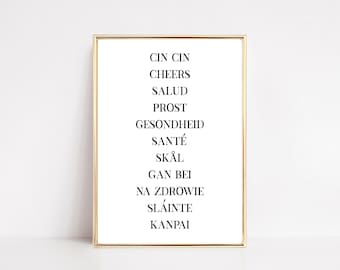 cheers in different languages sign | bar cart print | kitchen decor | minimilaist kitchen poster | kikiandnim | printable wall art