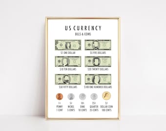 money currency math poster | montessori printable | homeschool decor | us money and coins | educational kids room decor | digital download
