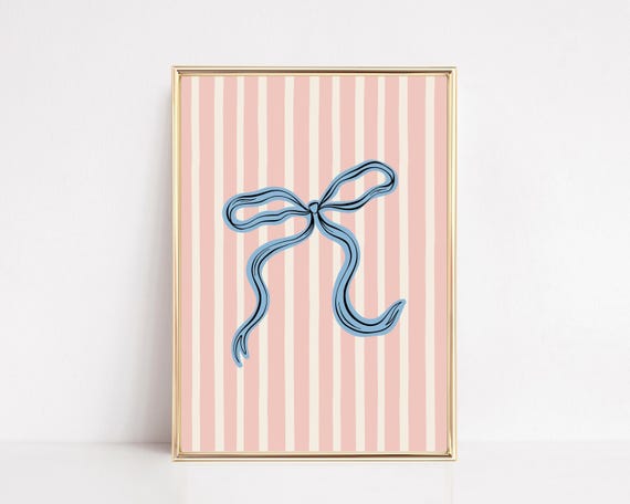 blue bow wall art | trendy coquette print | girly wall art | preppy stripe poster | pink bow wall art | kikiandnim | digital print