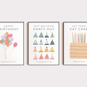décor coloré de fête d'anniversaire d'enfants | lot de 3 tirages | fête d'anniversaire arc-en-ciel | signe joyeux anniversaire | impression de gâteau d'anniversaire | téléchargement numérique