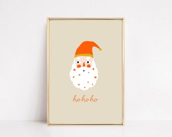 May include: A framed wall art print featuring a stylized Santa Claus head with a bright orange hat, a white beard decorated with small orange flowers, and the text ho ho ho in orange lettering centered on a light beige background.