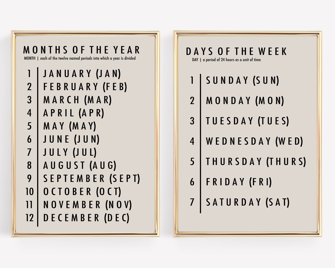 Months of the Year and Days of the Week Set of 2 Prints | Homeschool ...
