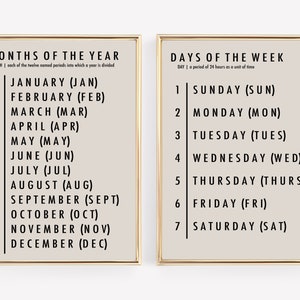 months of the year and days of the week set of 2 prints | homeschool resource | homeschool decor | classroom poster | digital download