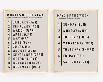 months of the year and days of the week set of 2 prints | homeschool resource | homeschool decor | classroom poster | digital download