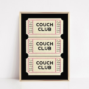 couch club ticket print | retro living room wall art | above couch art | cute apartment decor | black wall art | kikiandnim | digital print image 1