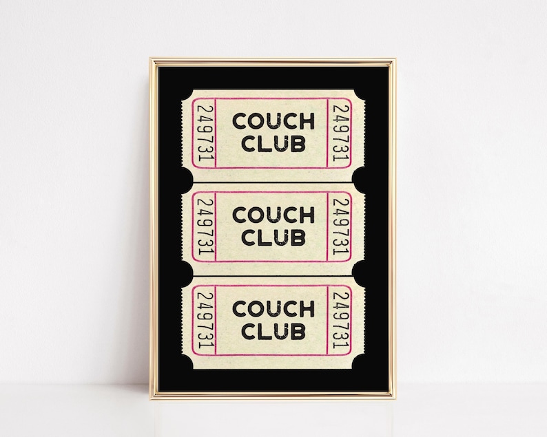 couch club ticket print | retro living room wall art | above couch art | cute apartment decor | black wall art | kikiandnim | digital print image 1