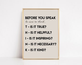 think before you speak poster | boho classroom decor | homeschool wall art | playroom wall decor | kikiandnim | printable wall art