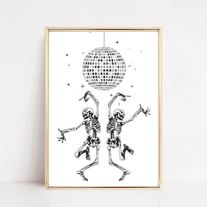 Arte de pared de esqueleto bailando / Arte de bola de discoteca / Impresión de Halloween / Decoraciones de Halloween divertidas / Kikiandnim / Impresión digital imagen 1