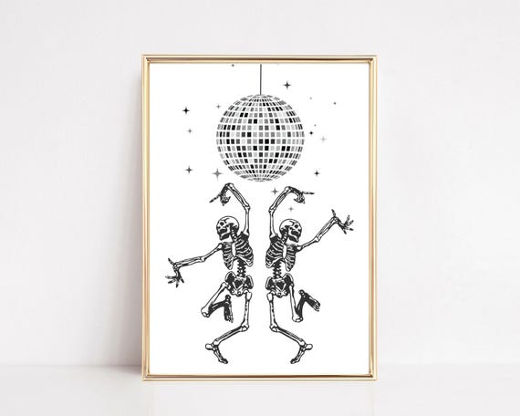 dancing skeleton wall art | disco ball art | halloween print | funky halloween decorations | kikiandnim | digital print
