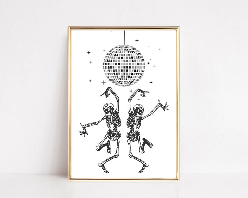 Arte de pared de esqueleto bailando / Arte de bola de discoteca / Impresión de Halloween / Decoraciones de Halloween divertidas / Kikiandnim / Impresión digital imagen 1