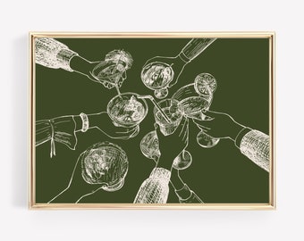 cheers sign | aesthetic bar wall art | bar cart decor | cheers print | dark green wall art | horizontal wall art | kikiandnim | digital art