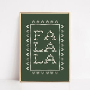 fa la la print | green kitschy christmas decor | christmas wall art | christmas print | cross stitch art | kikiandnim | printable wall art