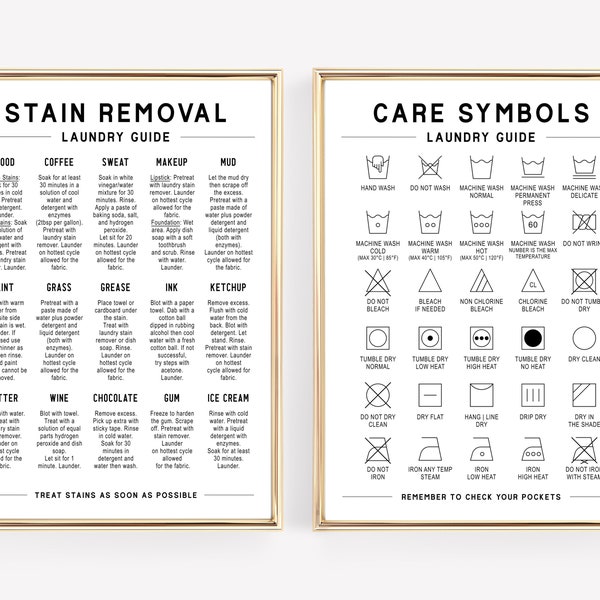 laundry room print set of 2 printables | laundry room decor | care symbols | stain removal guide | laundry room signs | digital download
