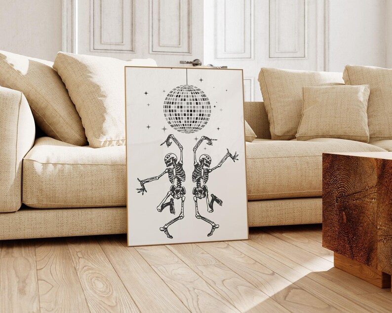 Arte de pared de esqueleto bailando / Arte de bola de discoteca / Impresión de Halloween / Decoraciones de Halloween divertidas / Kikiandnim / Impresión digital imagen 3