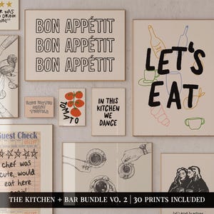 A set of 30 printable wall art prints with a kitchen and bar theme. The prints feature various designs including a tomato illustration, a guest check, a hand holding a cup, a wine glass, and a text-based design that says 'Bon Appetit' in French. The prints are designed to be displayed in a kitchen or bar setting.
