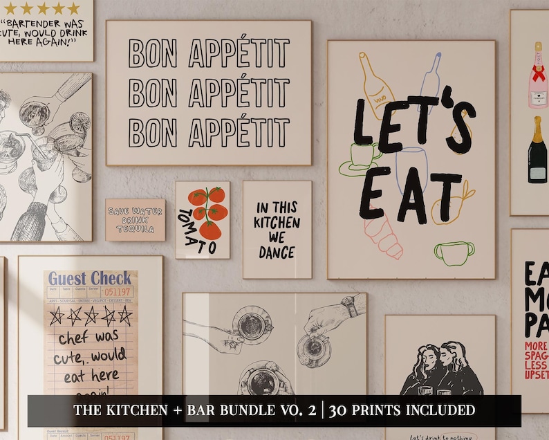 A set of 30 printable wall art prints with a kitchen and bar theme. The prints feature various designs including a tomato illustration, a guest check, a hand holding a cup, a wine glass, and a text-based design that says 'Bon Appetit' in French. The prints are designed to be displayed in a kitchen or bar setting.