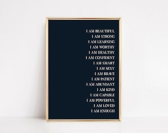 daily affirmations print | affirmations wall art | blue wall art | inspirational wall art | gift for her | home office | digital download