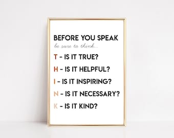 think before you speak poster | neutral classroom printable wall art | homeschool wall art | classroom decor | digital download