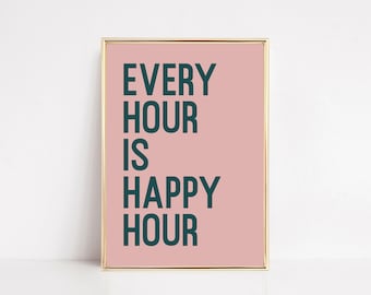 happy hour sign | trendy wall art | pink bar cart decor | bar cart wall art | bar cart accessories | bar art | kikiandnim | printable art