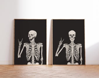 Skeleton Set of 2 Prints | Halloween Decor | Halloween Printable Wall Art | Black Halloween Print | KIKIANDNIM | Digital Download