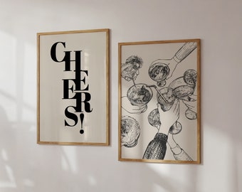 cheers print set of 2 | bar cart prints | retro bar cart art | cocktail prints | neutral kitchen wall art | kikiandnim | digital prints