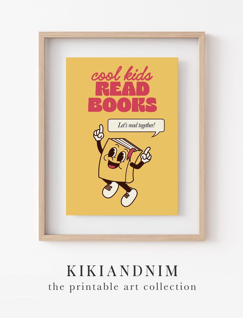 cool kids read books poster | yellow classroom decor | retro reading nook print | cute classroom wall art | kikiandnim | digital print image 8