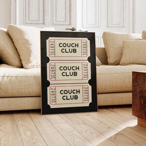 couch club ticket print | retro living room wall art | above couch art | cute apartment decor | black wall art | kikiandnim | digital print image 2