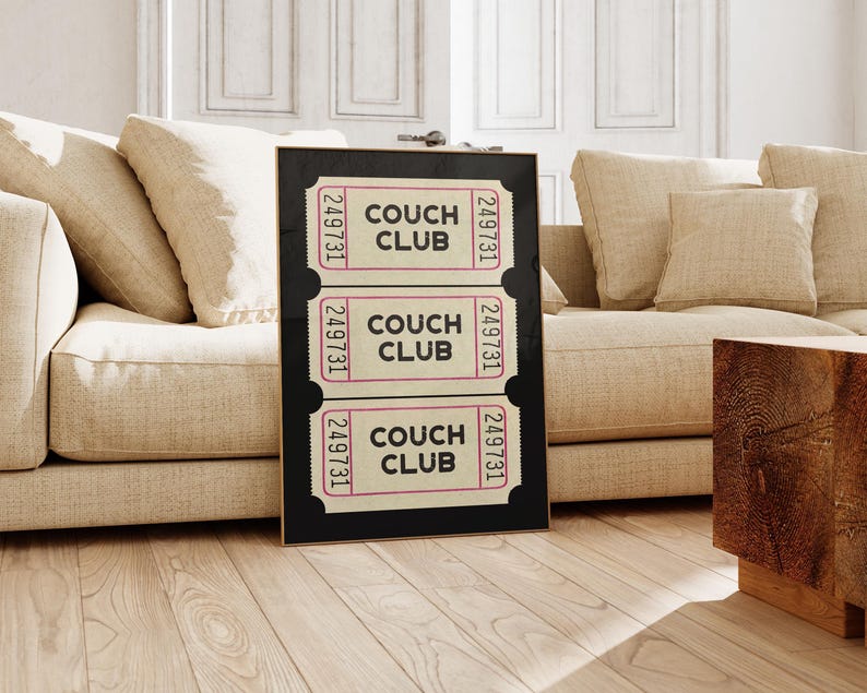 couch club ticket print | retro living room wall art | above couch art | cute apartment decor | black wall art | kikiandnim | digital print image 2
