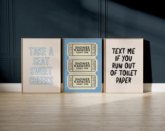sky blue bathroom wall art | set of 3 bathroom prints | bathroom decor | funny bathroom signs | bathroom art | kikiandnim | digital prints