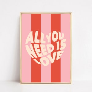 all you need is love print | valentines printable | trendy retro wall art | pink valentines day decor | kikiandnim | printable wall art