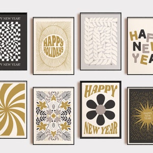 retro new years eve decorations | 8 PRINTABLES | new year 2024 printable | retro nye decor | new years prints | kikiandnim | digital prints
