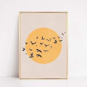 Vögel und Sonne Poster | Mid Century Modern Wandkunst | Sonne Wandkunst | Eklektische Wohnkultur | KIKIANDNIM | Digitaler Download