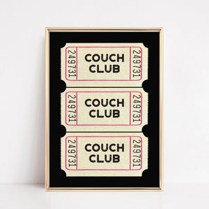 couch club ticket print | living room wall art | above couch art | cute apartment decor | black wall art | kikiandnim | digital print