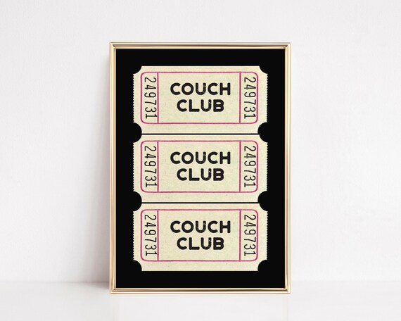 couch club ticket print | living room wall art | above couch art | cute apartment decor | black wall art | kikiandnim | digital print