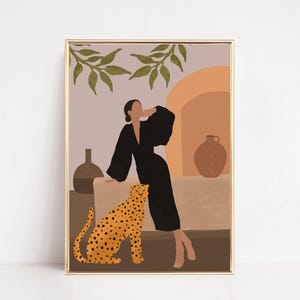 Tijgervrouw kunstprint: boho midden van de eeuw modern decor (digitale download)
